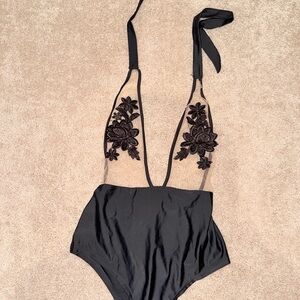 Black Floral Lace Halter Swimsuit